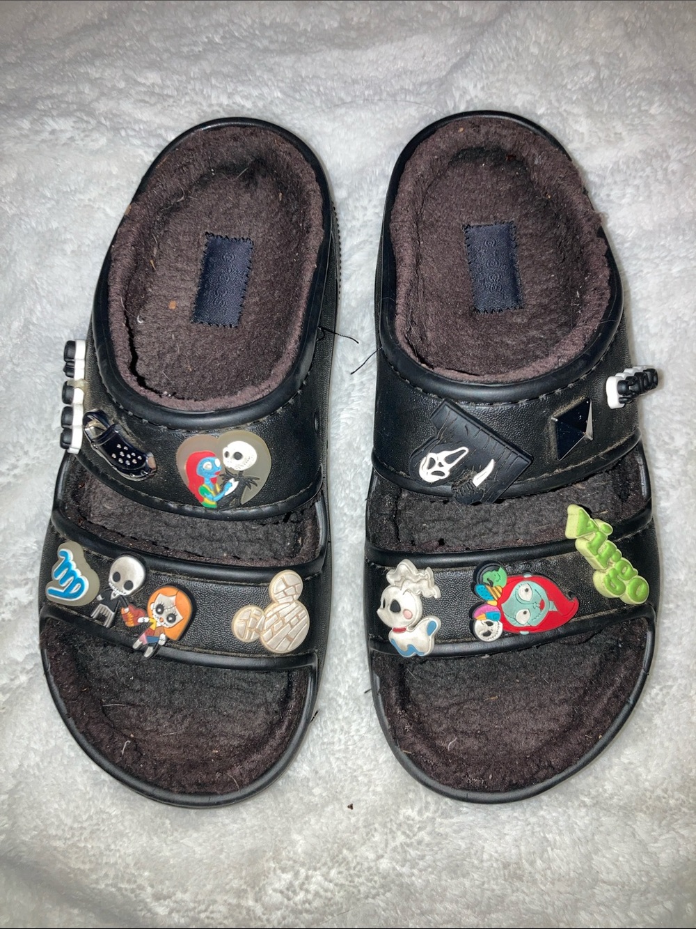 CROCS Black Plush-Lined Slide Sandals with Character Jibbitz